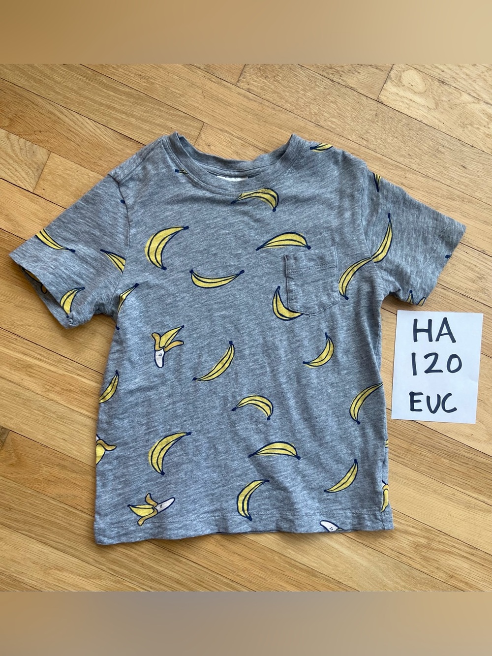 Kids Grey Banana Print Tee - Cute Short Sleeve Shirt Size120 (6/7)